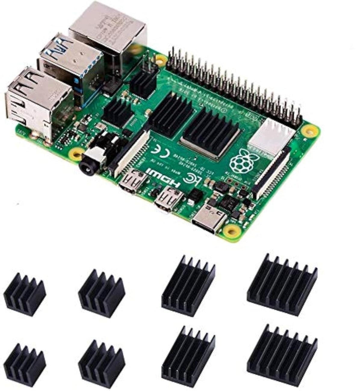 SET OF 8 ALUMINUM HEATS SINKS FOR RASPBERRY PI 4B WITH THERMAL TAPE