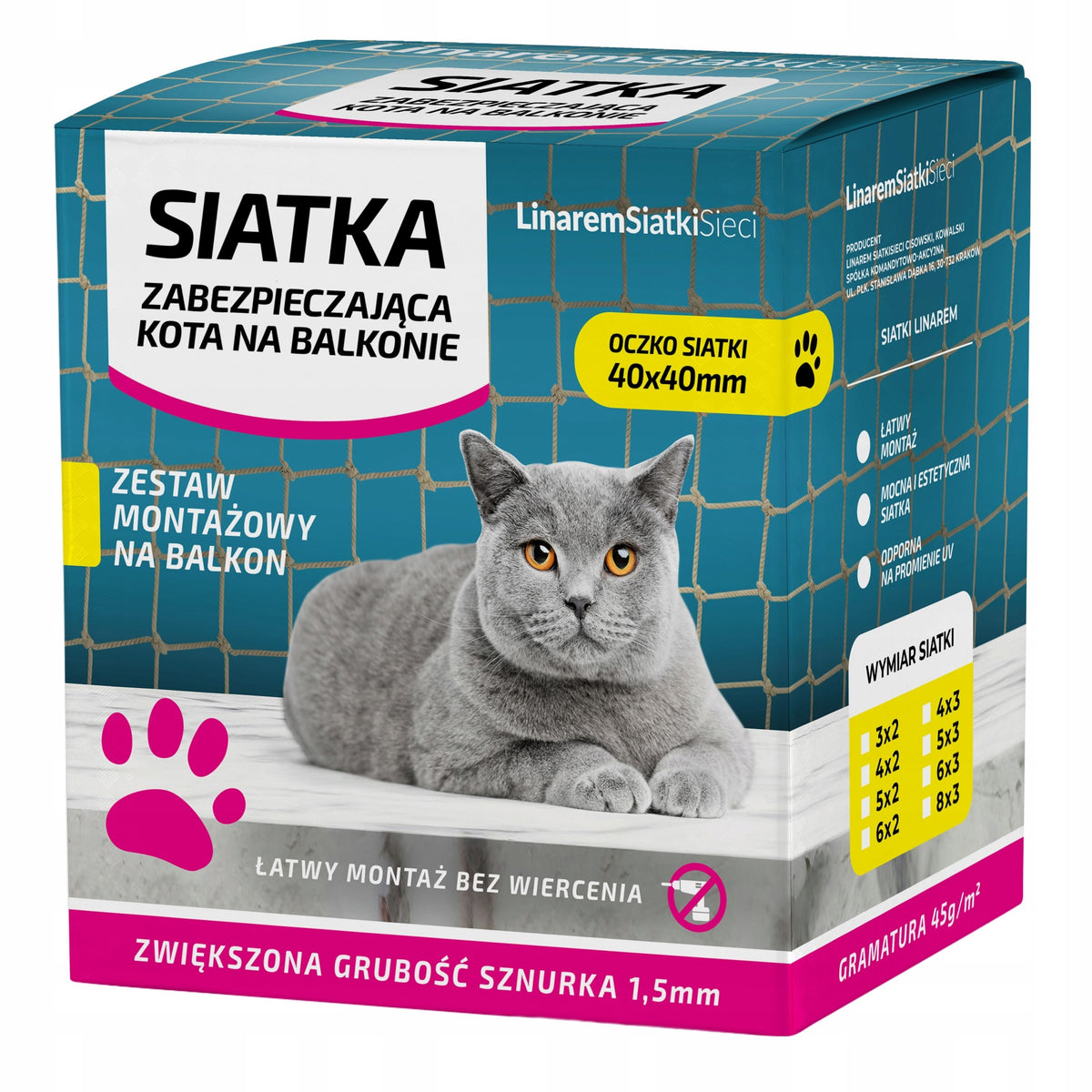 SET OF 8x3 THICK CAT NET 1,5mm FOR BALCONY EYE 40mm WITHOUT DRILLING