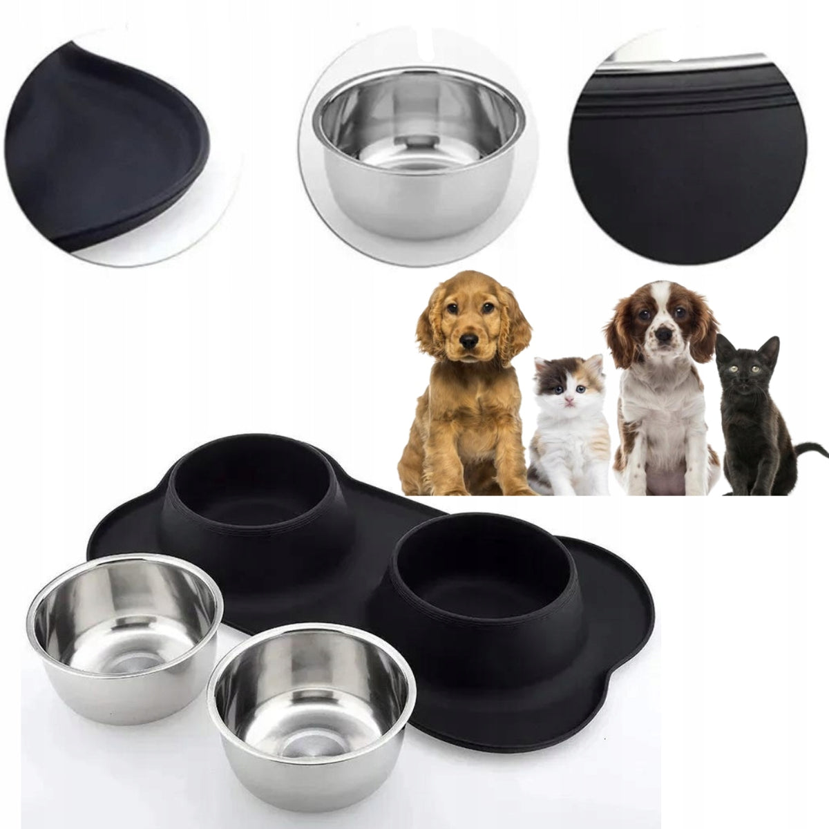 SET OF CAT DOG FEEDING BOWLS NON-SLIP METAL 0,8L SILVER