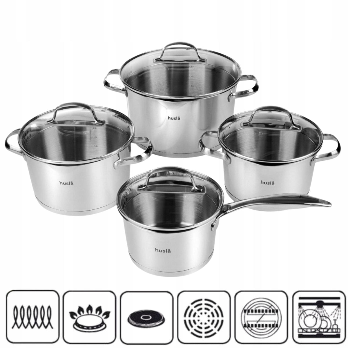 SET OF POTS + SAUCEPAN WITH LIDS 8el FOR GAS INDUCTIONS STAINLESS STEEL Packaging status original