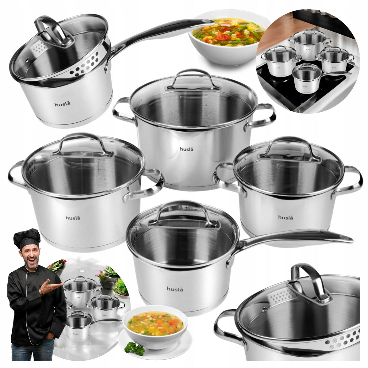SET OF POTS + SAUCEPAN WITH LIDS 8el FOR GAS INDUCTIONS STAINLESS STEEL
