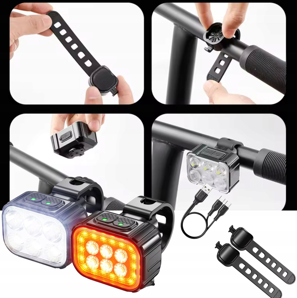 SET OF STRONG 2 BICYCLE LIGHTS REAR FRONT WATERPROOF USB 500LM AND 100LM Packaging status original