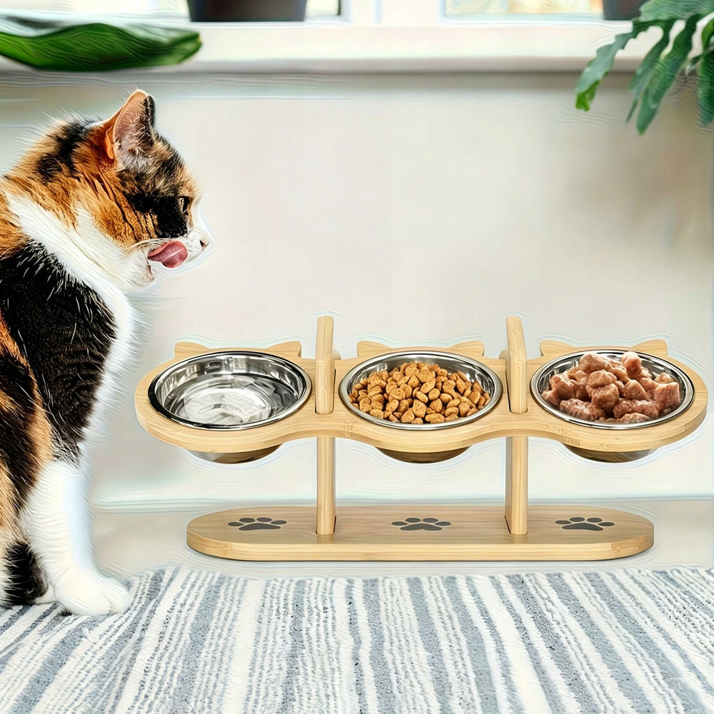 SET OF THREE BOWLS STAINLESS STEEL FOR FEEDING CAT DOG STANDING Packaging status original