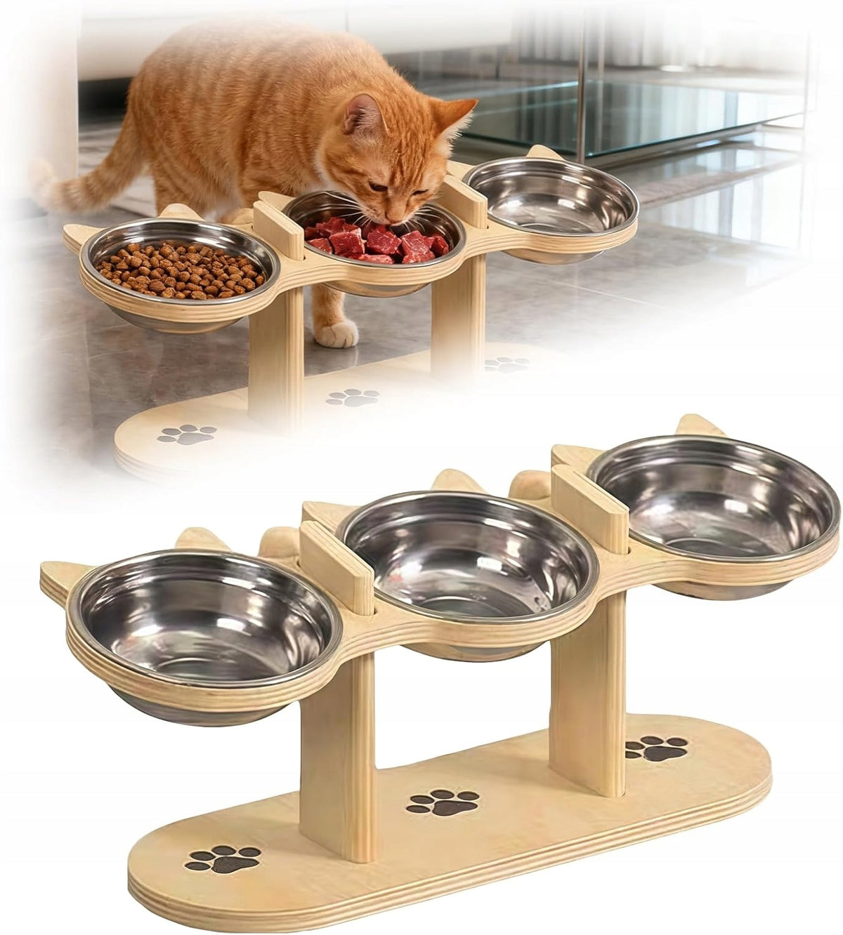 SET OF THREE BOWLS STAINLESS STEEL FOR FEEDING CAT DOG STANDING