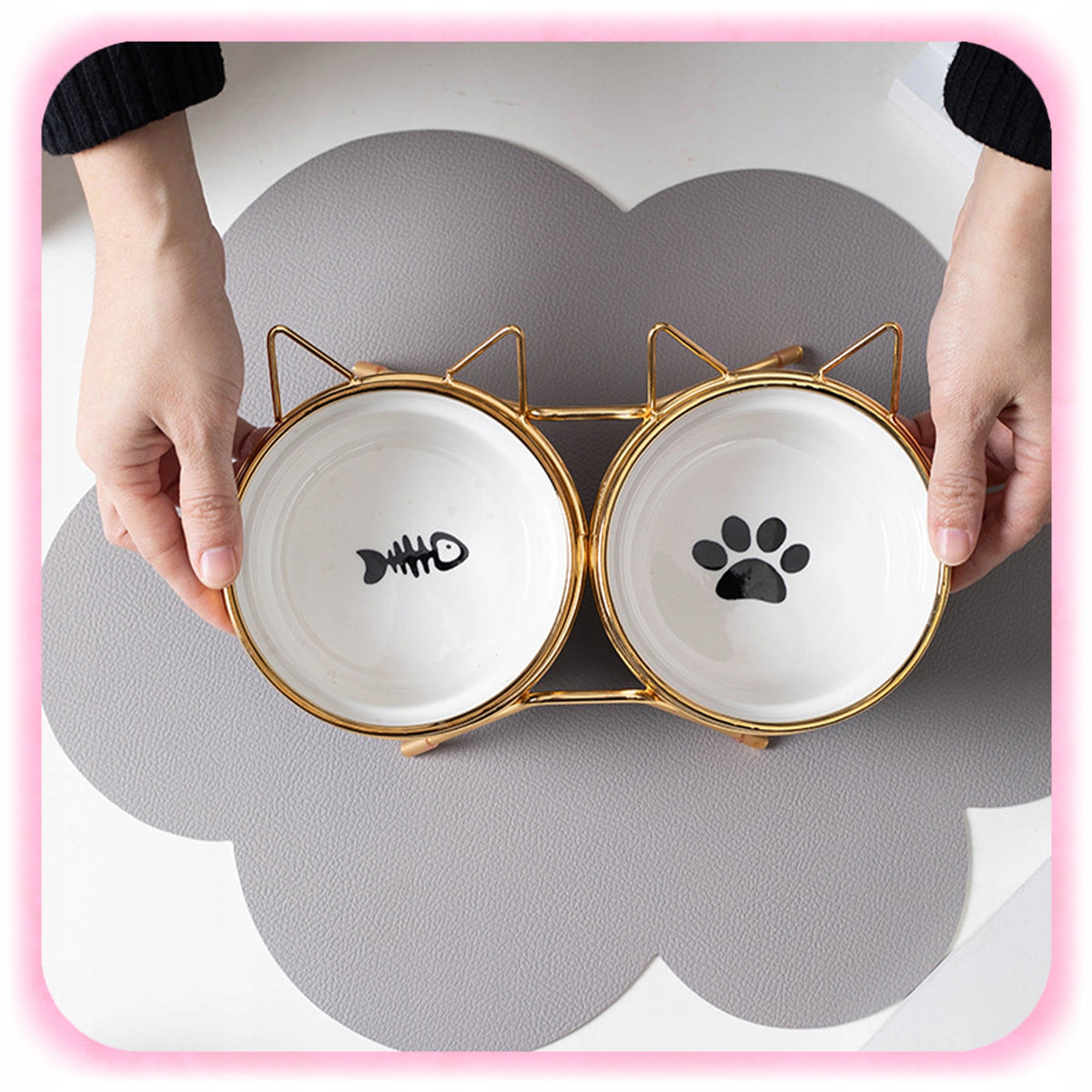 SET OF TWO CERAMIC BOWLS ON DOG CAT STAND DOUBLE BOWL OF ROSES Manufacturer code miseczki dla kota psa ceramiczne że stojakiem