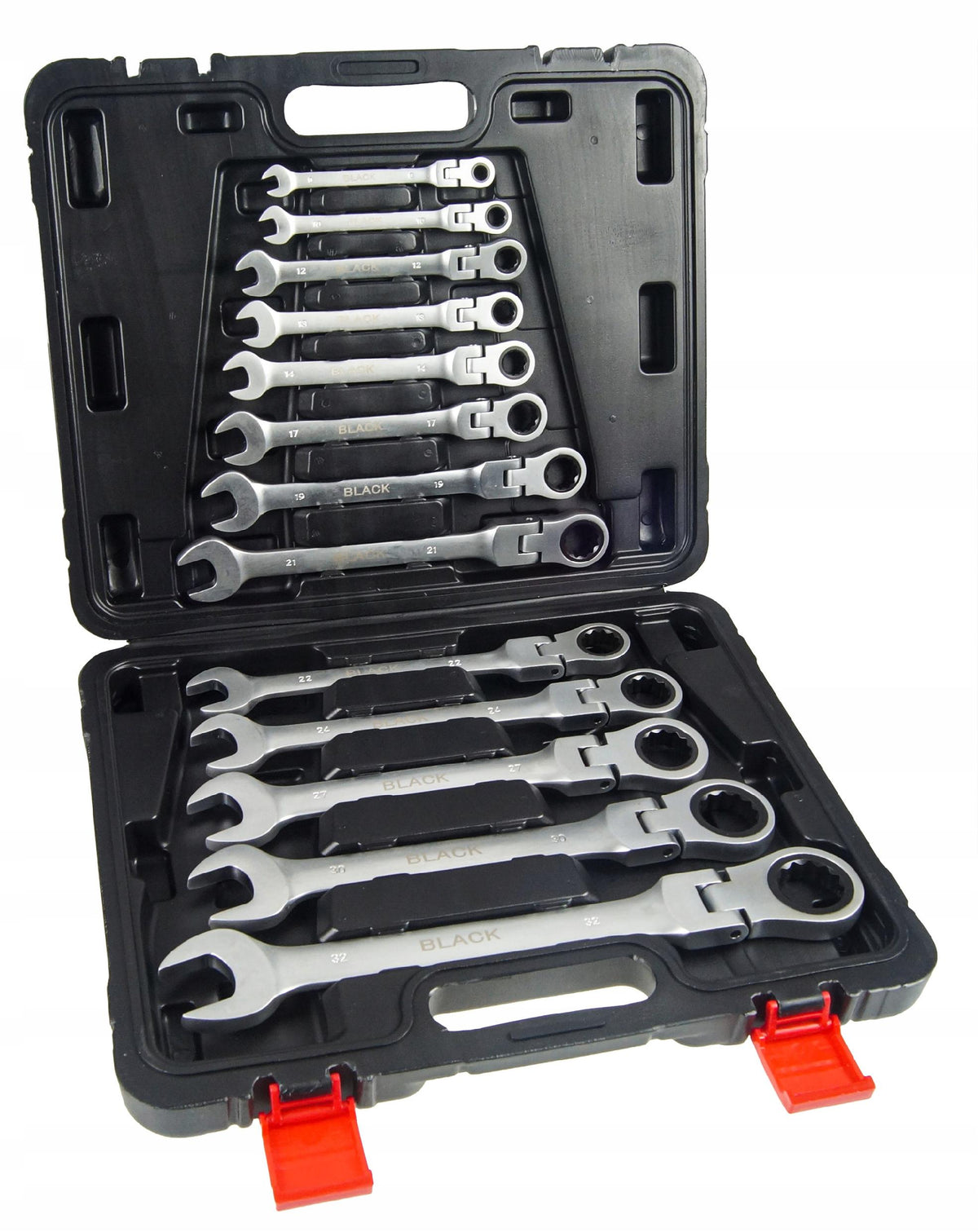 SET OF WRENCHES FLAT EYE RATCHET BROKEN 8-32mm BLACK 13 ELEMENTS Manufacturer code 16203