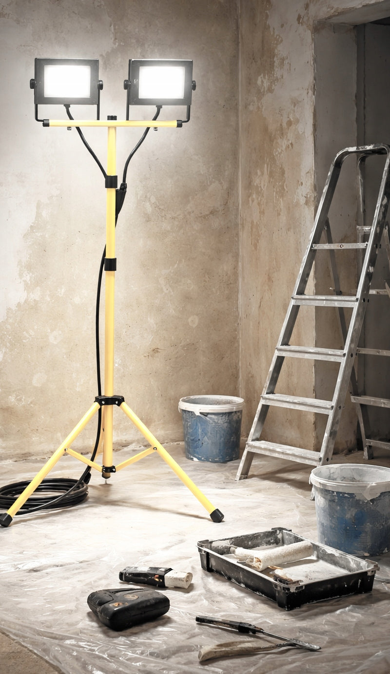 SET Tripod Work Lamp Floodlight Construction 2x 100W LED + cable Packaging status original