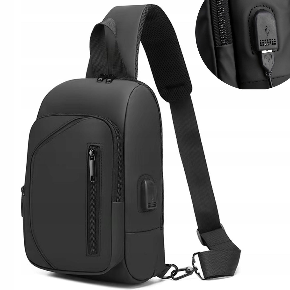 SHOULDER BACKPACK BUM BAG BLACK POUCH WATERPROOF USB PLUG FOR POWERBANK