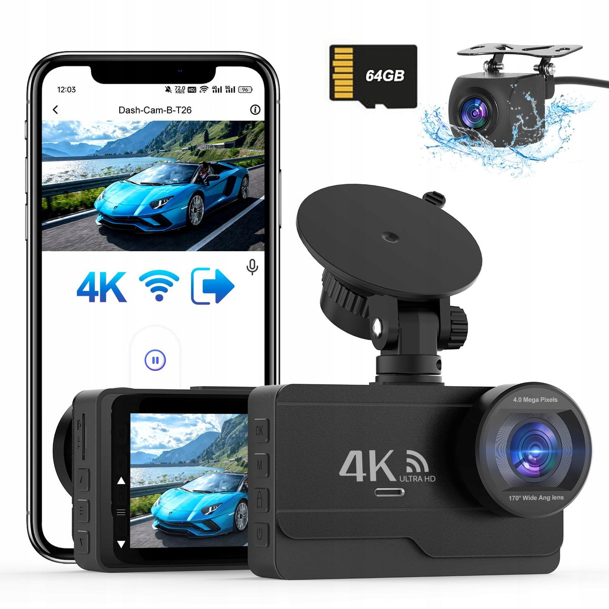 SIGRILL 4K Dash Cam Front/Rear WiFi 64GB Night Vision