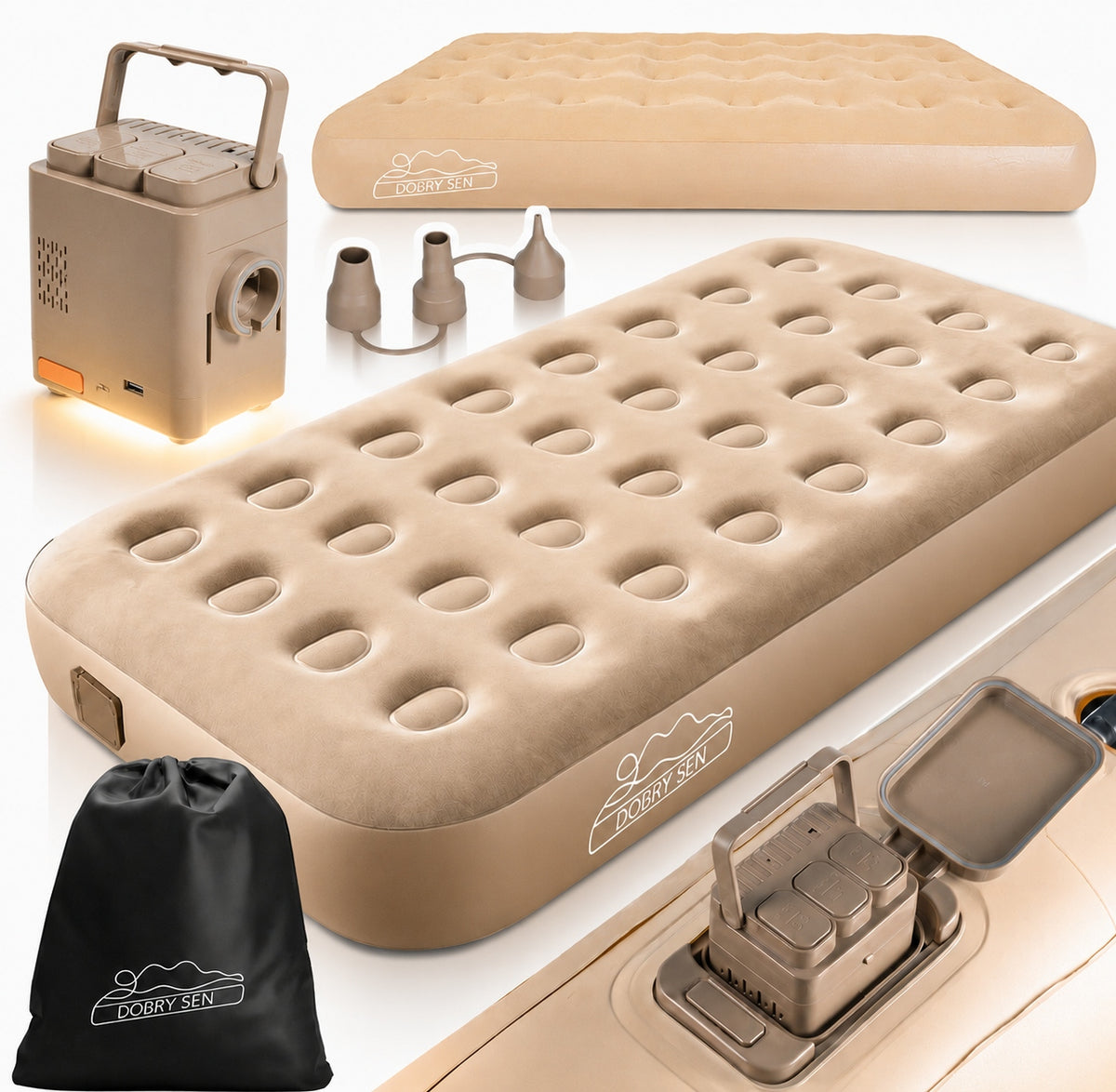 SINGLE INFLATABLE MATTRESS WITH ELECTRIC PUMP USB-C CAMPING+ lamp