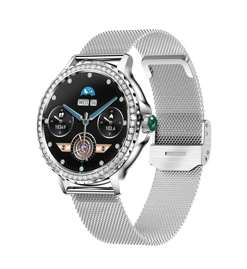SMARTWATCH WOMEN'S SILVER WATCH TALK PRESSURE PULSE RHINESTONES MENU PL