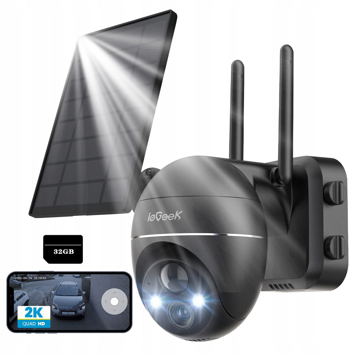 SOLAR CAMERA IP SMART ROTATING OUTDOOR 2K 3MPx WIFI HD 32GB CARD