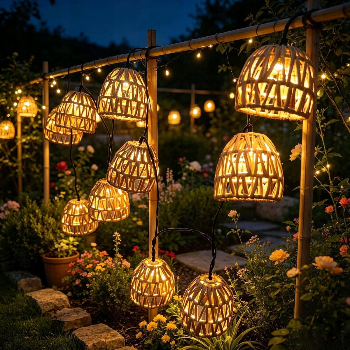 SOLAR GARDEN LAMP RATTAN LED DECORATIVE LIGHTS 10 LANTERNS 3,6M Packaging status original