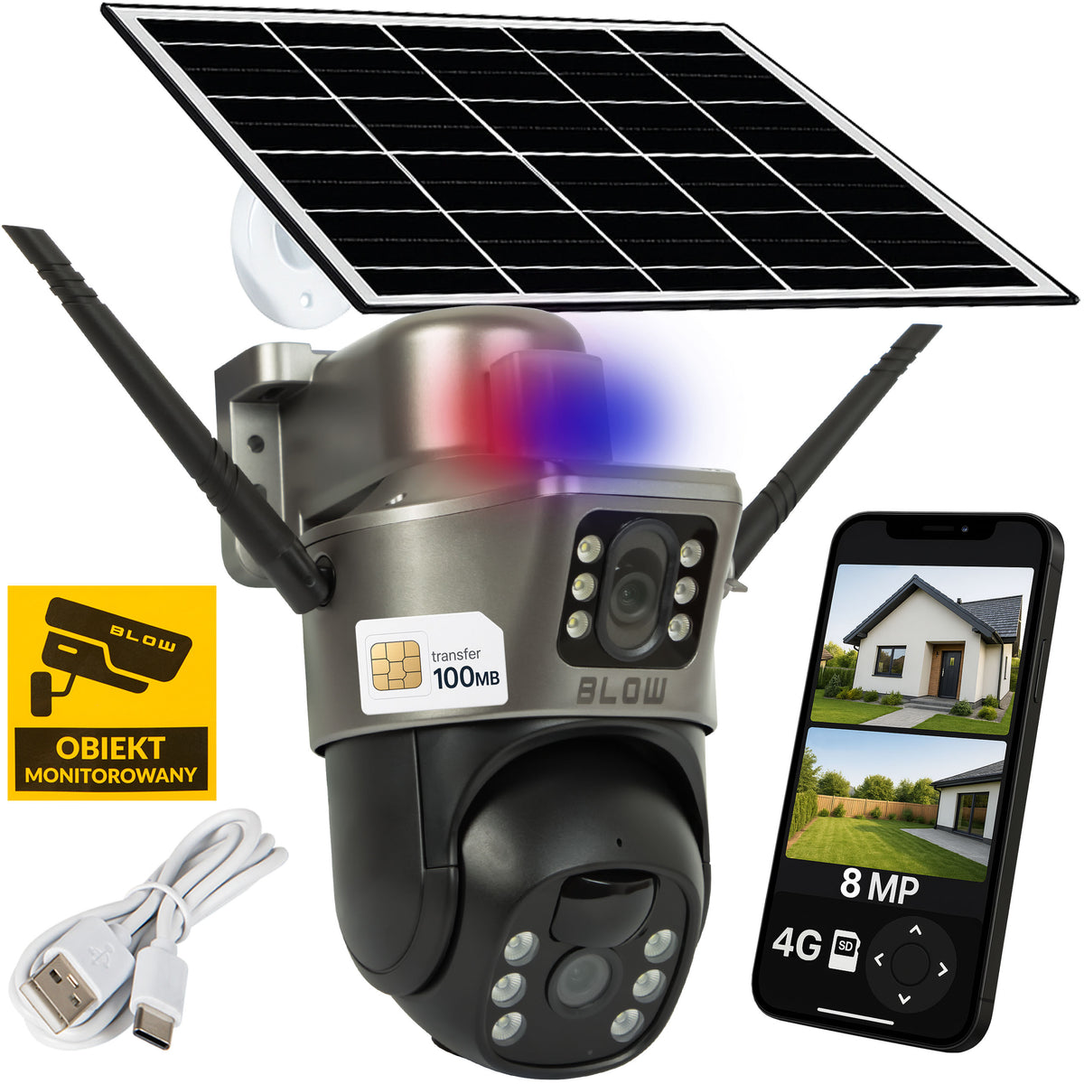 SOLAR OUTDOOR CAMERA ROTATING 4G LTE SIM 8MP BATTERY 2 LENSES