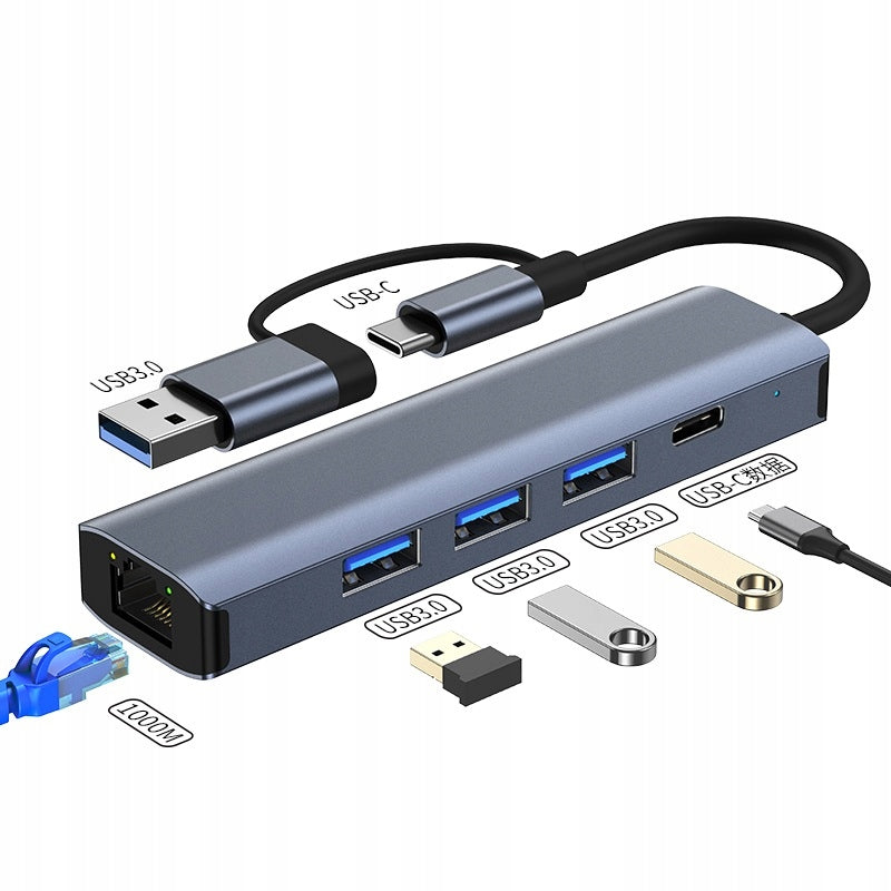 SPLITTER ADAPTER USB HUB ADAPTER USB-6w1 3xUSB 3.0 LAN TYPE-C