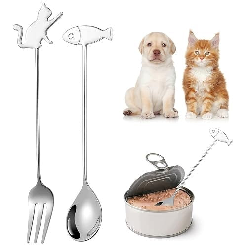 SPOON ANIMAL FOOD FORK STAINLESS STEEL CAT FISH FOR DOG 2 PCS