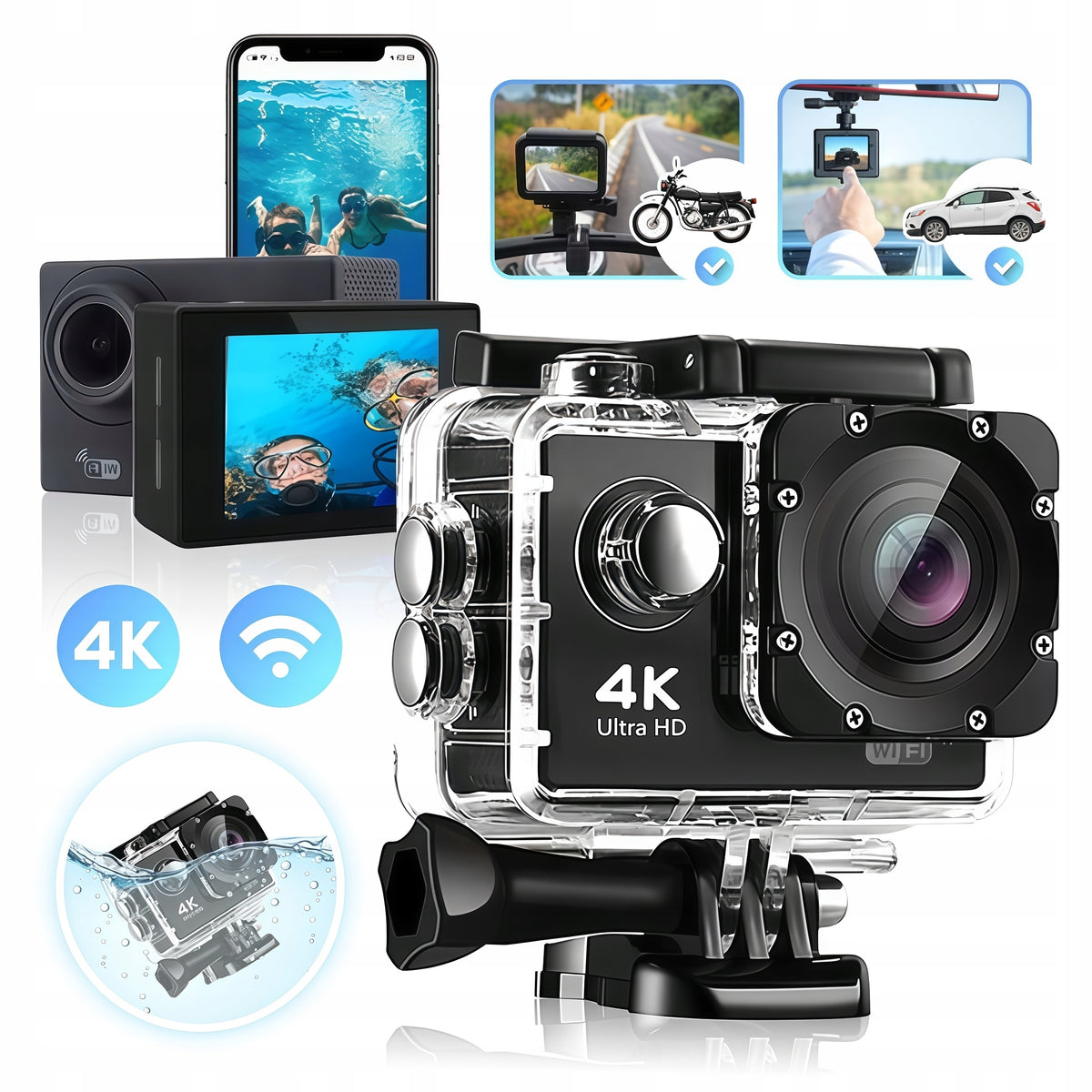 SPORTS CAMERA FULL HD WIFI CAMERA PRO GO WATERPROOF AKCESORIA HANDLES