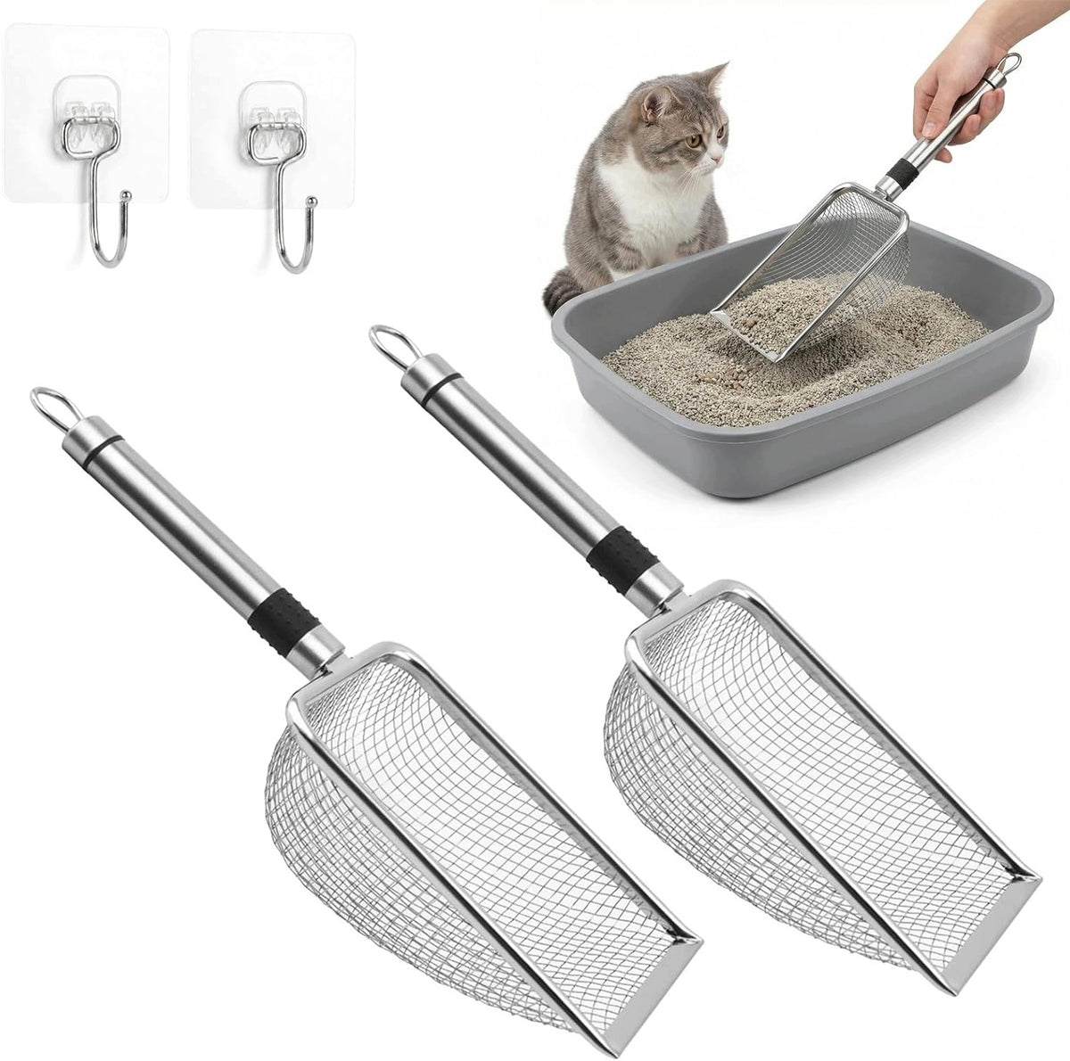 STAINLESS STEEL CAT LITTER DRAWER 2 PIECES WITH HOOKS