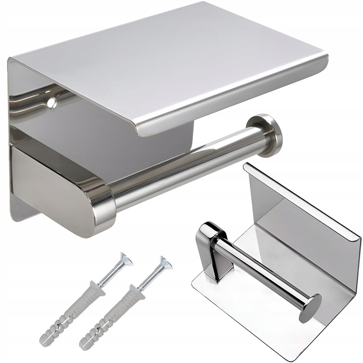 STAINLESS STEEL TOILET PAPER HOLDER WITH CHROME SHELF FOR PINS