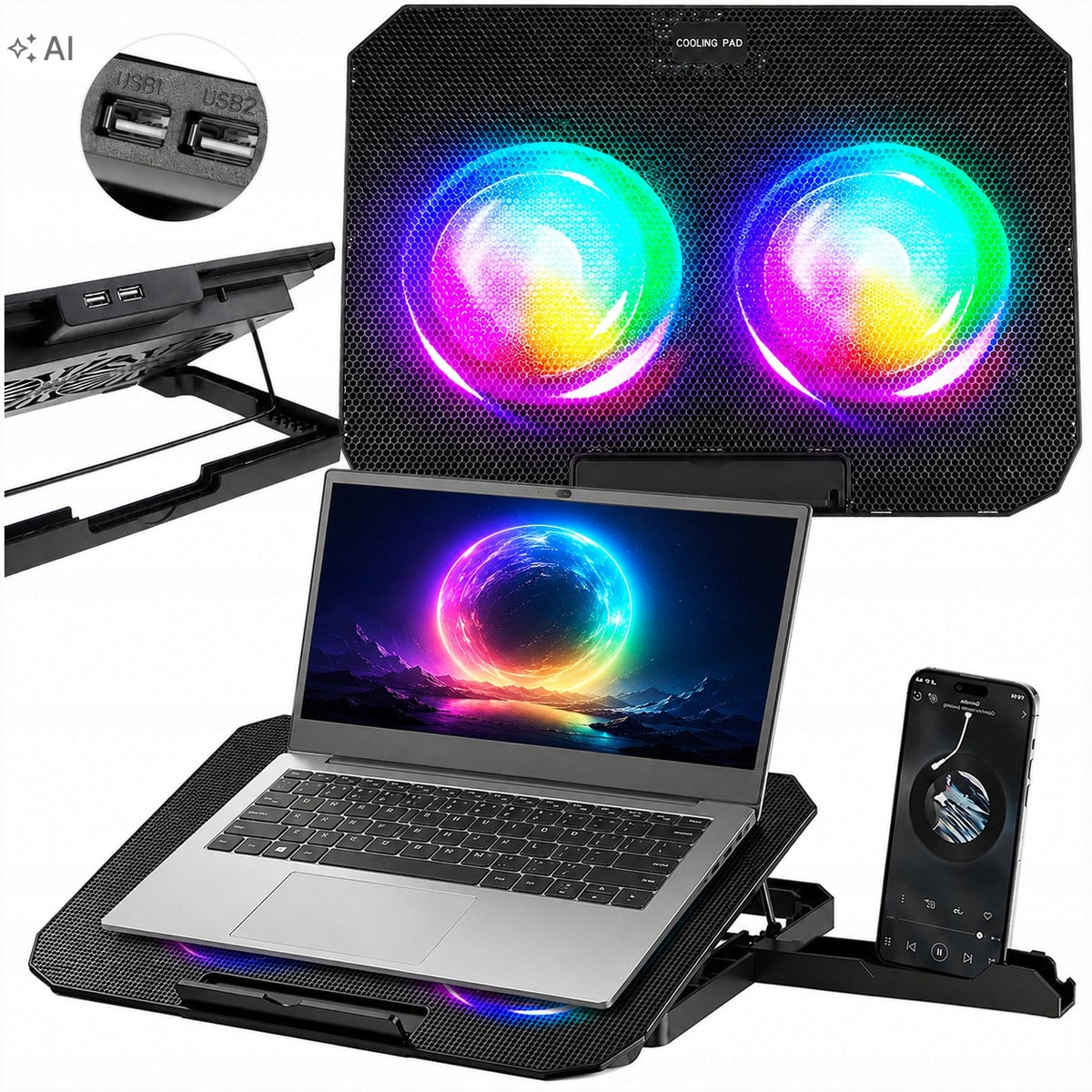 STAND COOLING PAD ADJUSTABLE 9-17'' LED RGB 2x USB UNDER LAPTOP Packaging status original