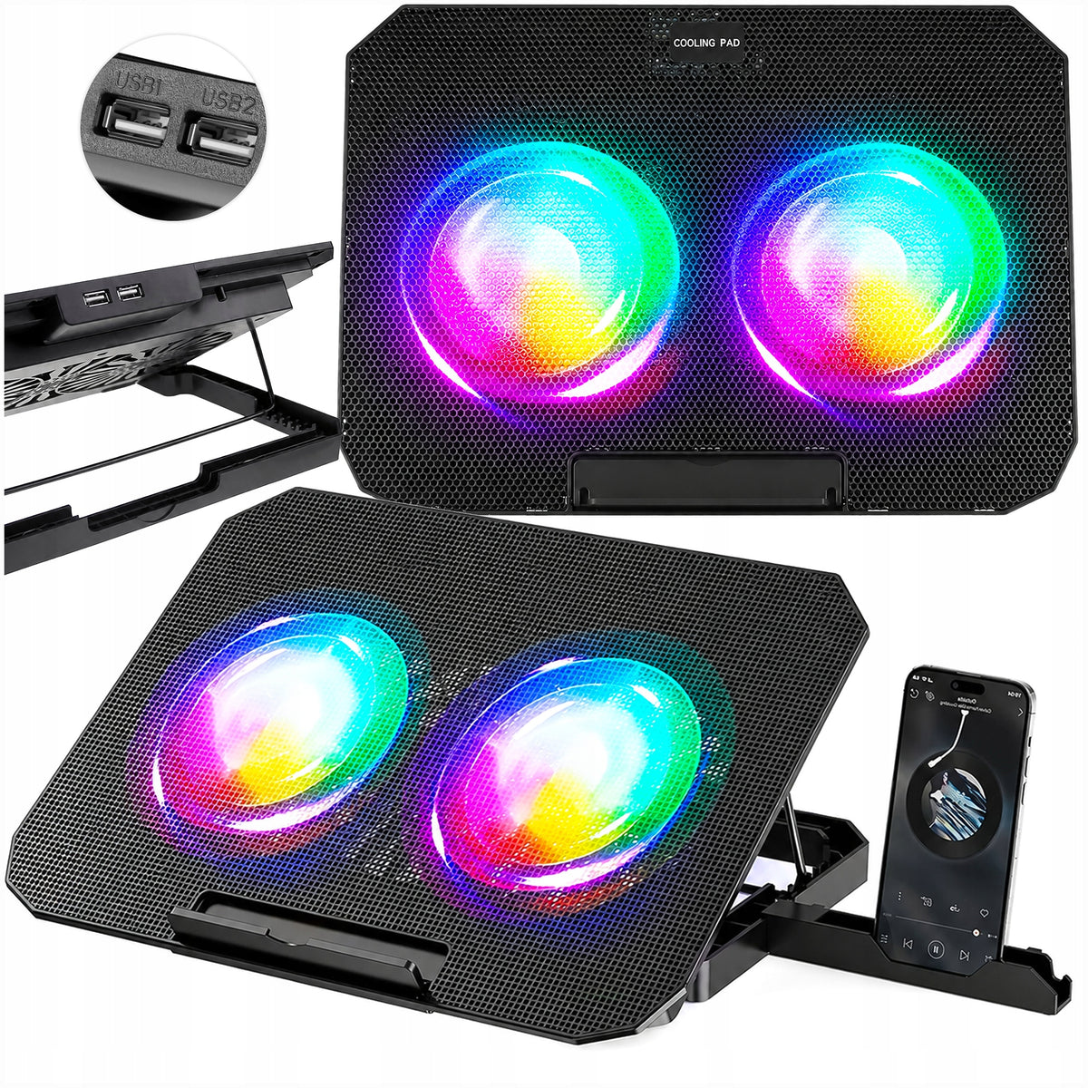 STAND COOLING PAD ADJUSTABLE 9-17'' LED RGB 2x USB UNDER LAPTOP