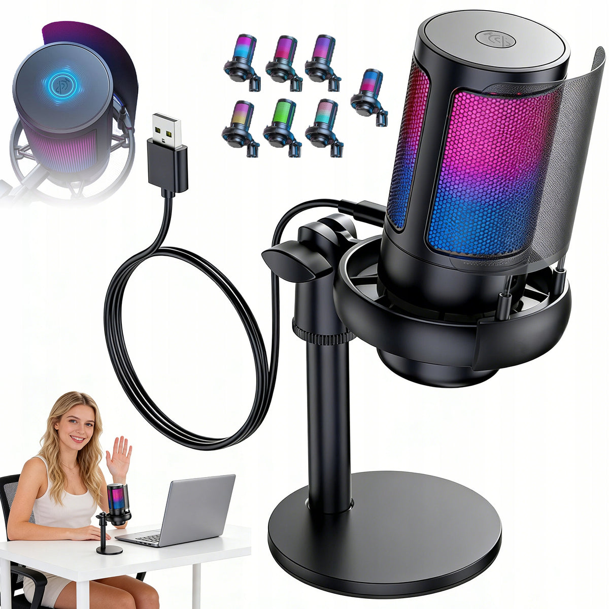 STREAMING GAMING MICROPHONE WITH RGB EFFECT, METAL BASKET, POP FILTER