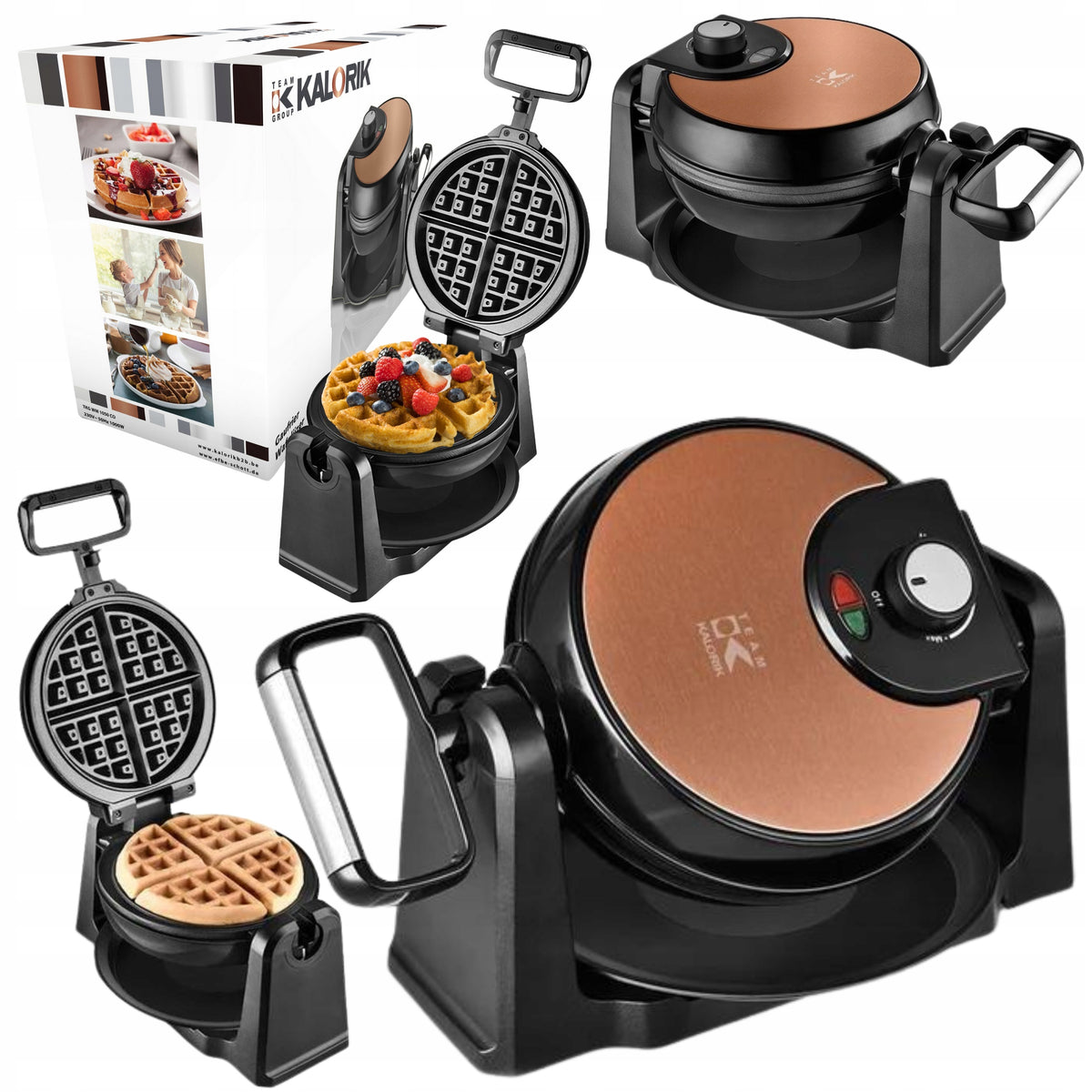 STRONG ROTARY WAFFLE MAKER 4 CRISPY BELGIAN WAFFLES 1000W NON-STICK 180°