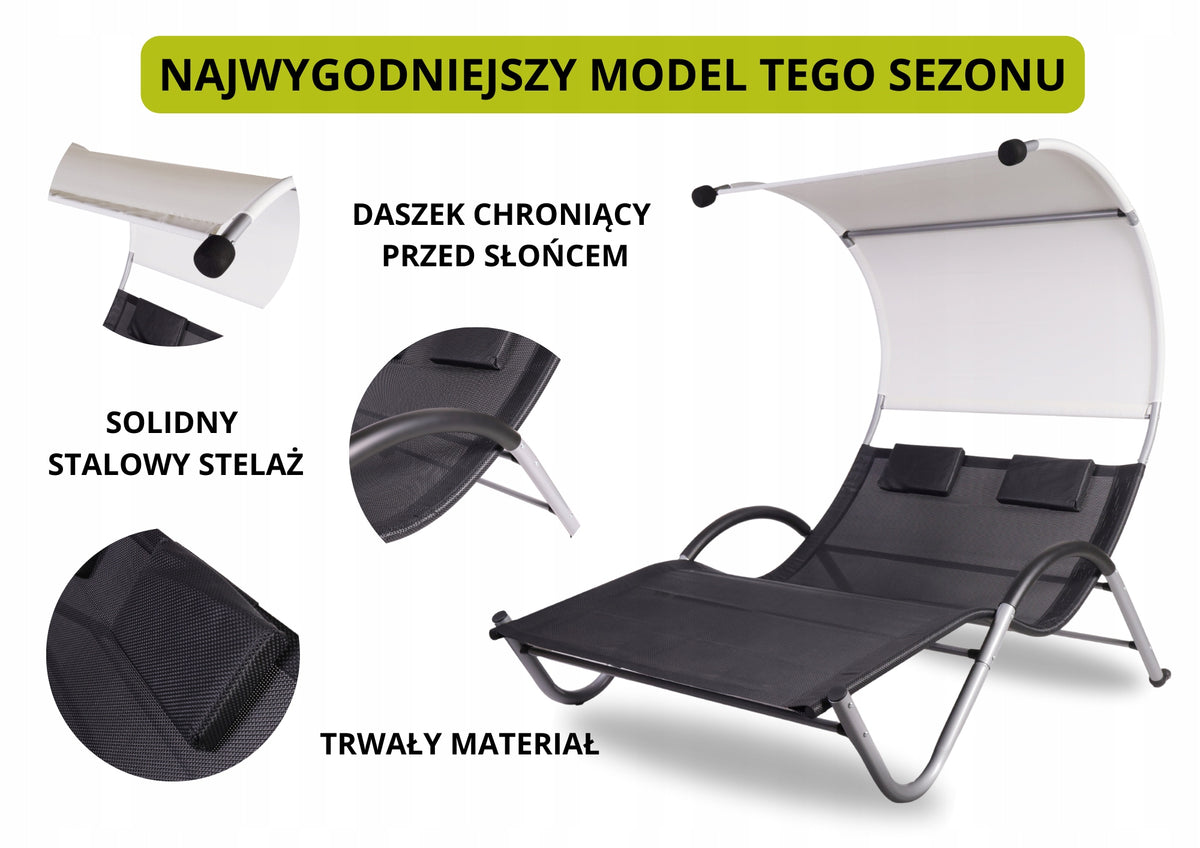 SUN LOUNGER DOUBLE GARDEN FIELD BED WITH VISOR Color black