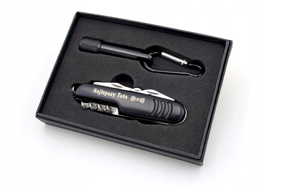 Set FLASHLIGHT and POCKET KNIFE tools +Your ENGRAVING gift CAMP GRILL
