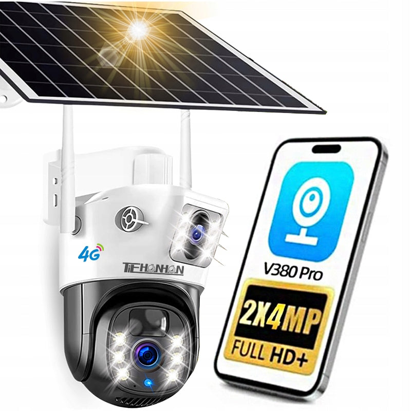 Solar Camera Rotating Dual Lenses 2x4MP 4G LTE Outdoor Wireless