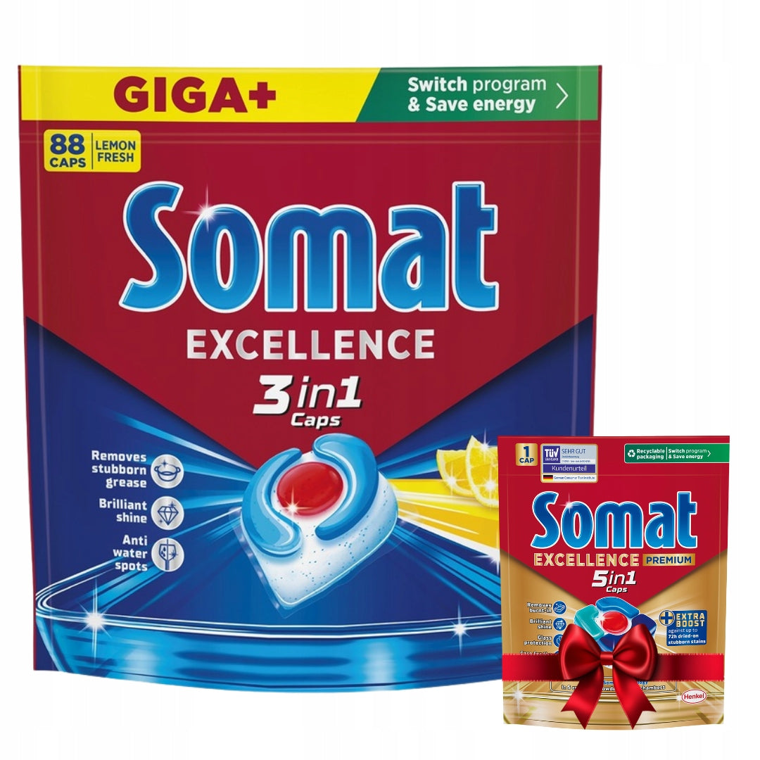 Somat Tabs Excellence Dishwasher Tablets 3in1 88 Pack Lemon + Freebie
