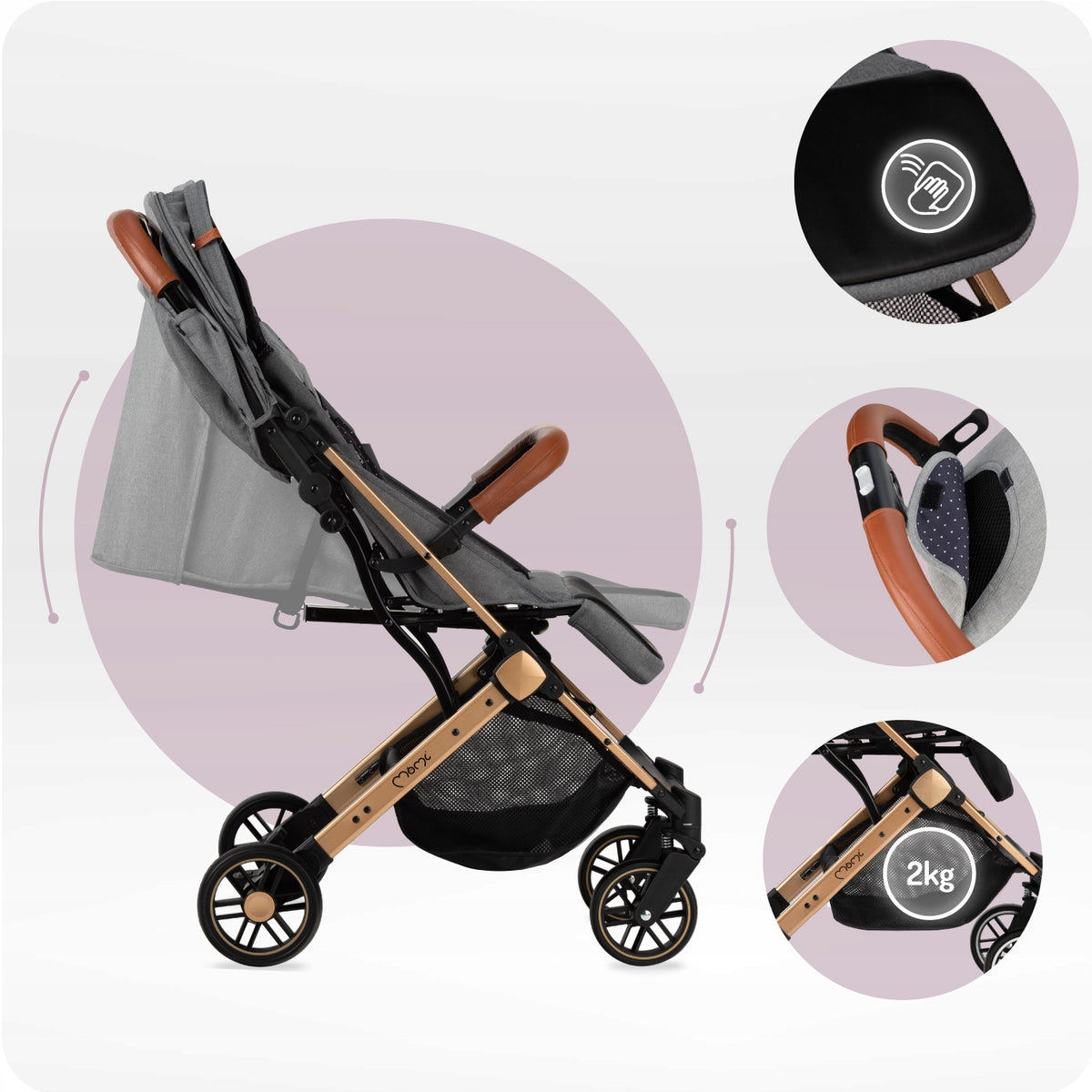 Stroller MoMi ESTELLE grey gold - lightweight folding compact suitcase Manufacturer code WOSP00018