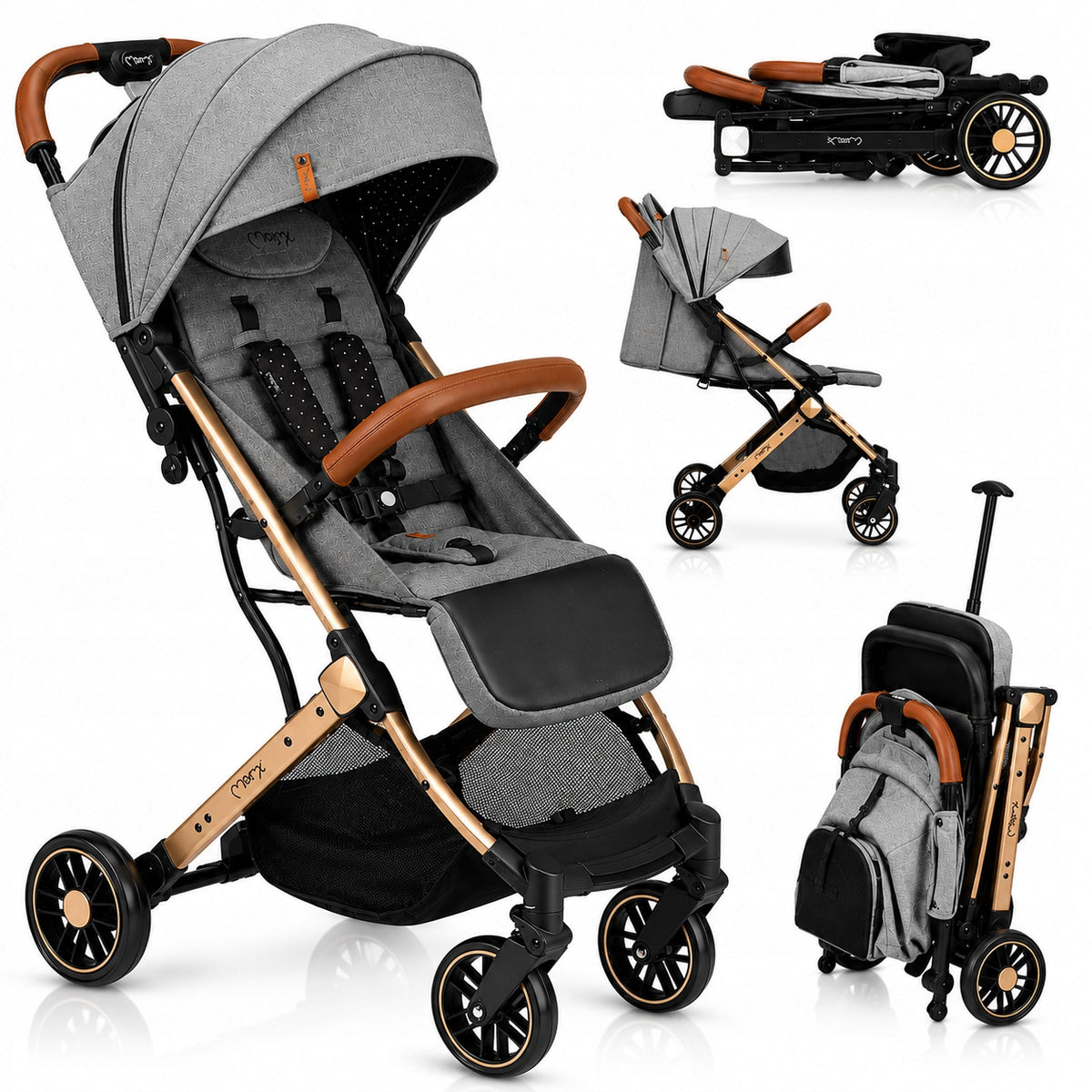 Stroller MoMi ESTELLE grey gold - lightweight folding compact suitcase