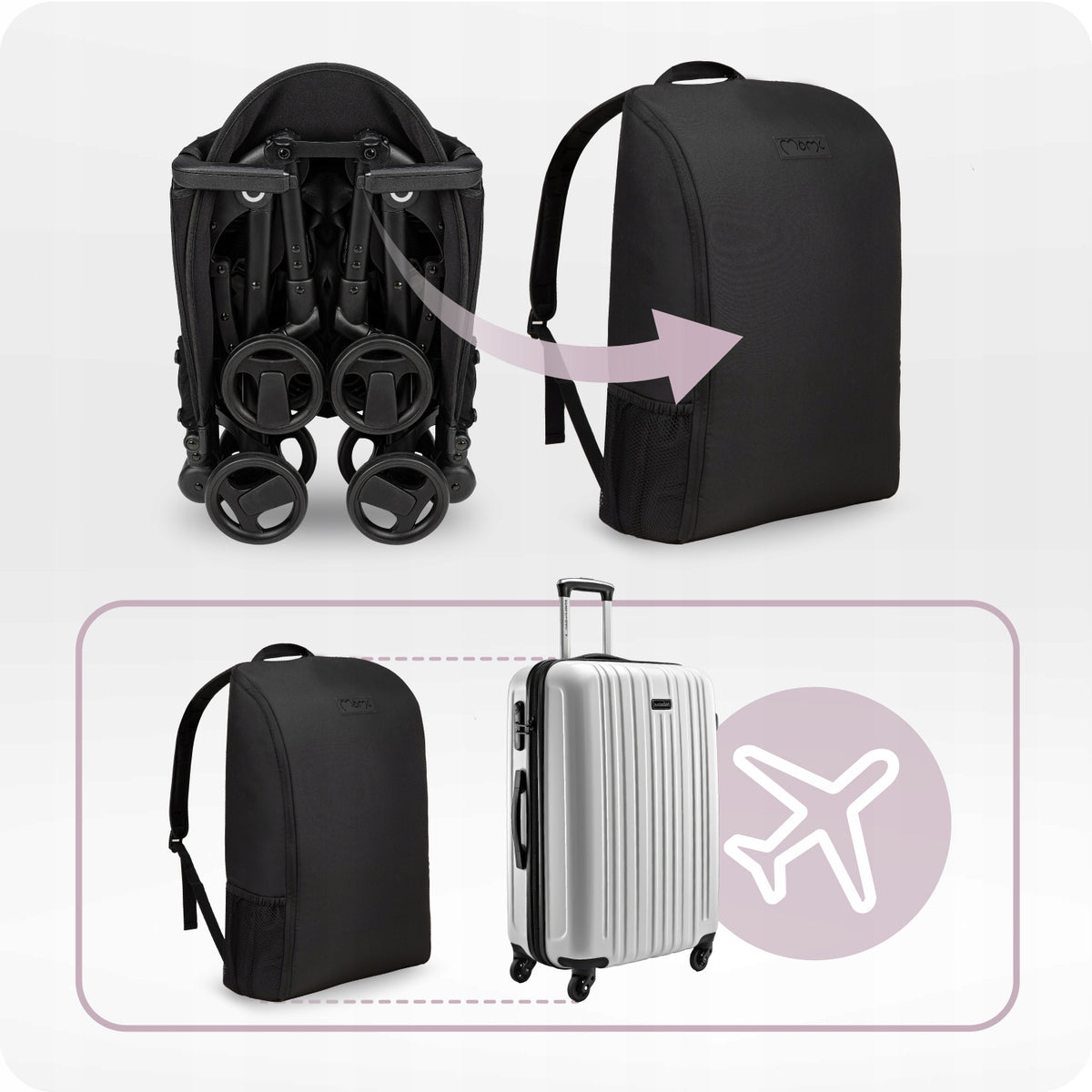 Stroller MoMi GRACE black - lightweight foldable compact backpack Packaging status original
