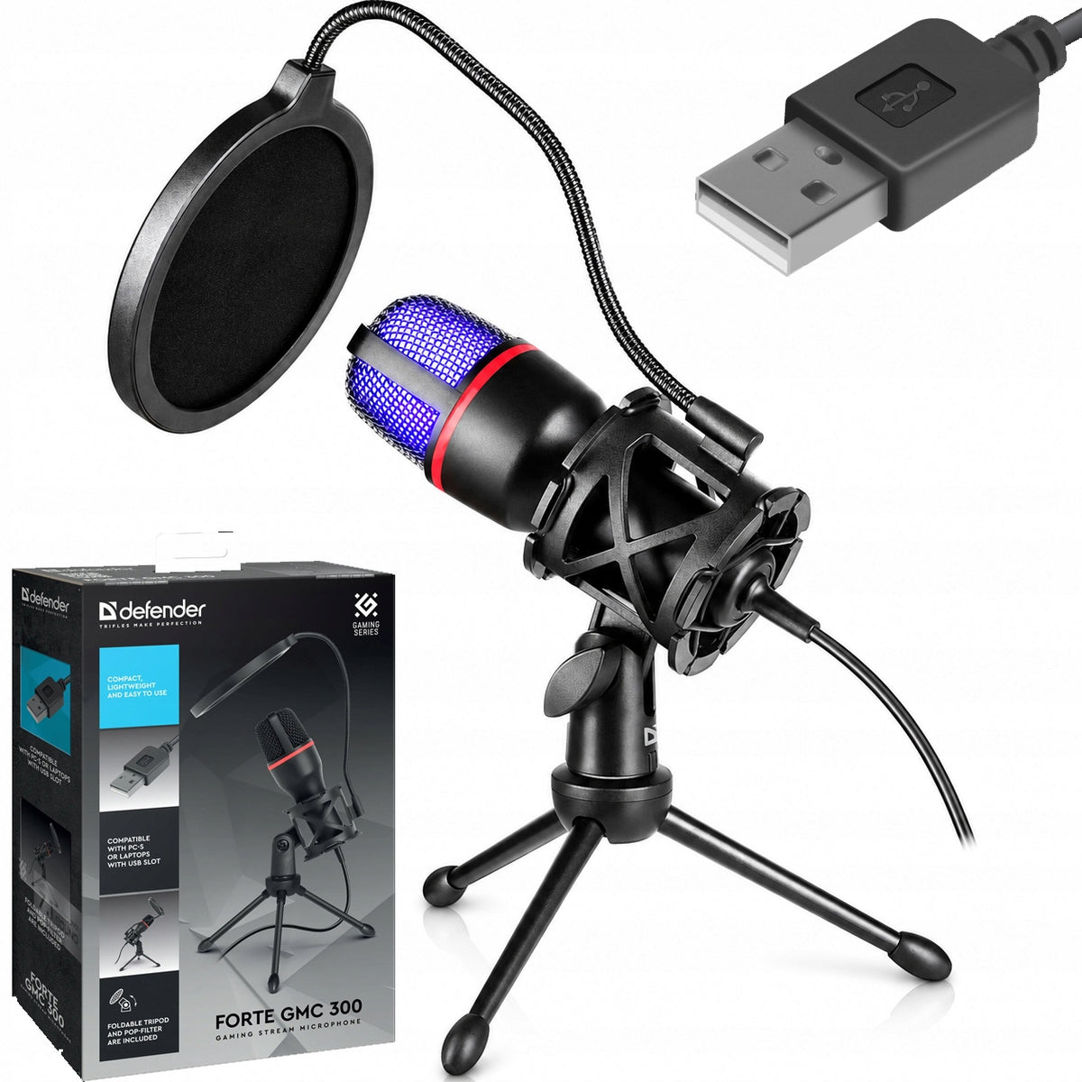 Studio Computer Microphone DEFENDER FORTE Gaming USB RGB LED Tripod