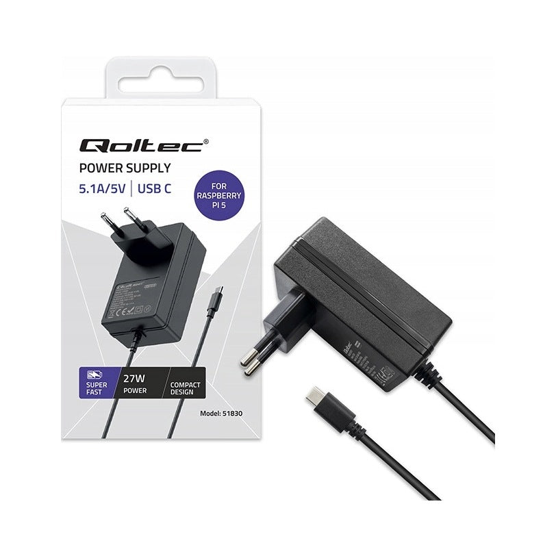 Super FAST PD Charger for Raspberry PI 5 USB-C 27W 5.1V 5A Black