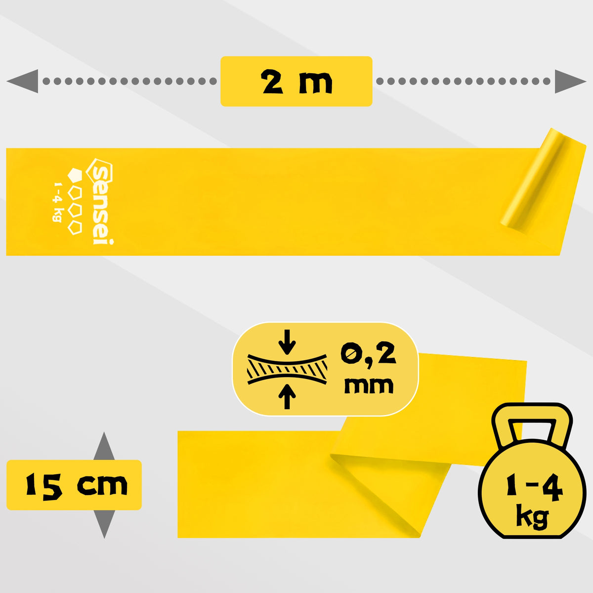 TAPE FOR EXERCISE, REHABILITATION, YOGA, LONG RESISTANCE RUBBER 2 m, STRENGTH 1-4 kg Color yellow