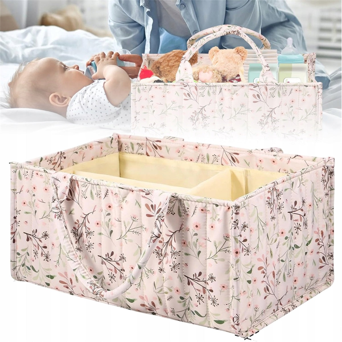 TEXTILE BAG WITH COMPARTMENTS FOR CHILDREN'S ROOM BATHROOM BEIGE FLORAL Packaging status original