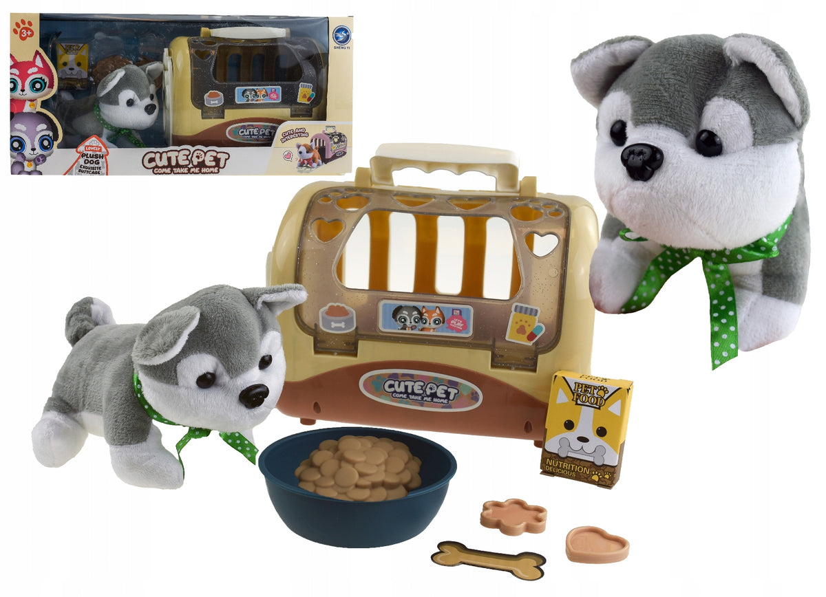TG67294 PLUSH TOY DOG PUPPY IN TRANSPORTER ACCESSORIES BOWL