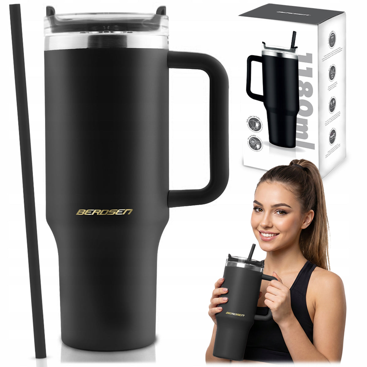 THERMAL MUG THERMOS WITH STRAW STAINLESS STEEL FOR COFFEE TEA 1180ml