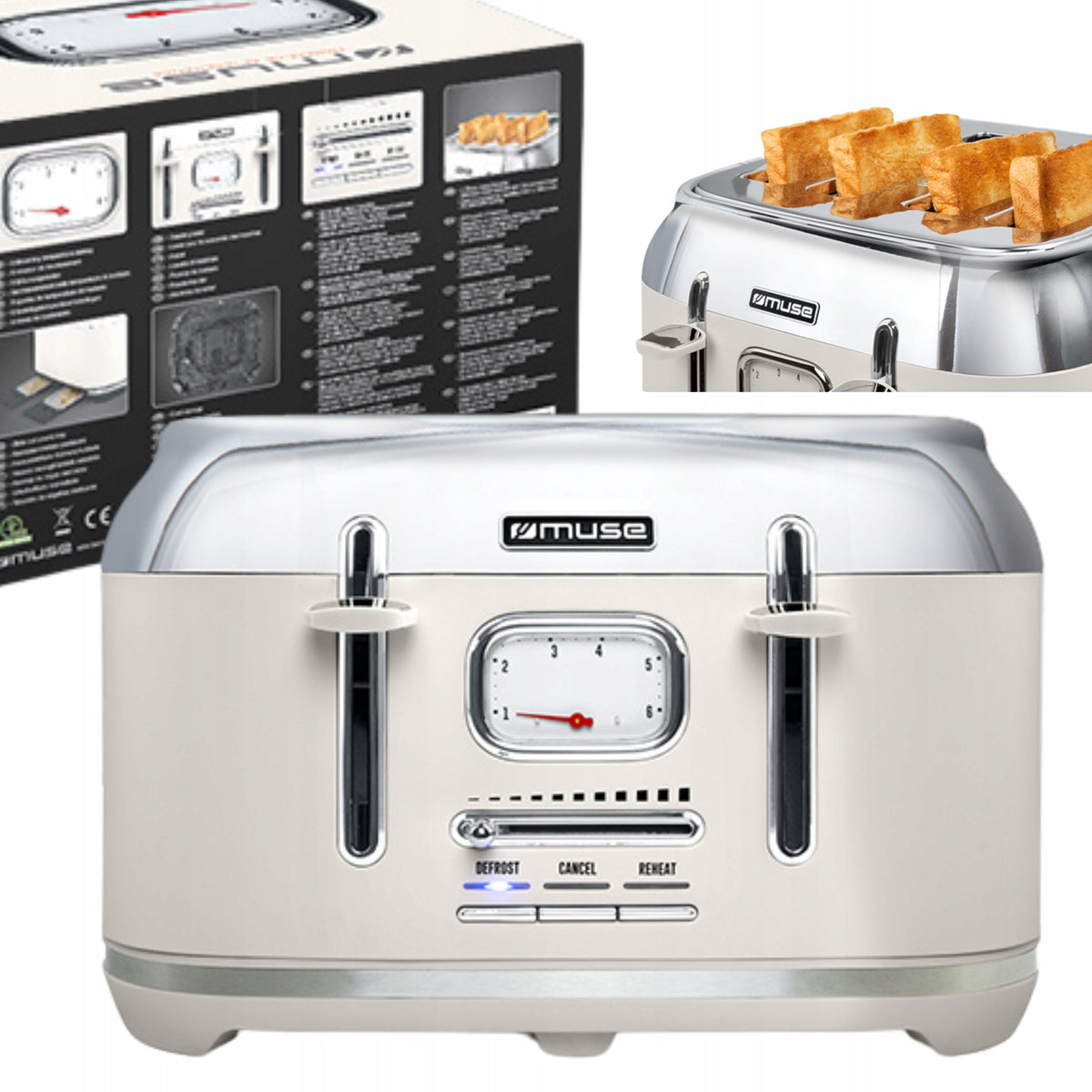TOASTER RETRO HIGH POWER 1800W FOR 4 TOAST ECRY/SILVER MUSE MS-131SC