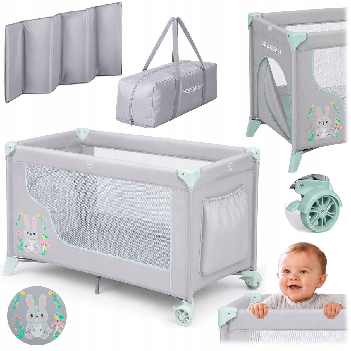 TRAVEL COT FOLDING TRAVEL PLAYPEN RICOKIDS MATTRESS + BAG