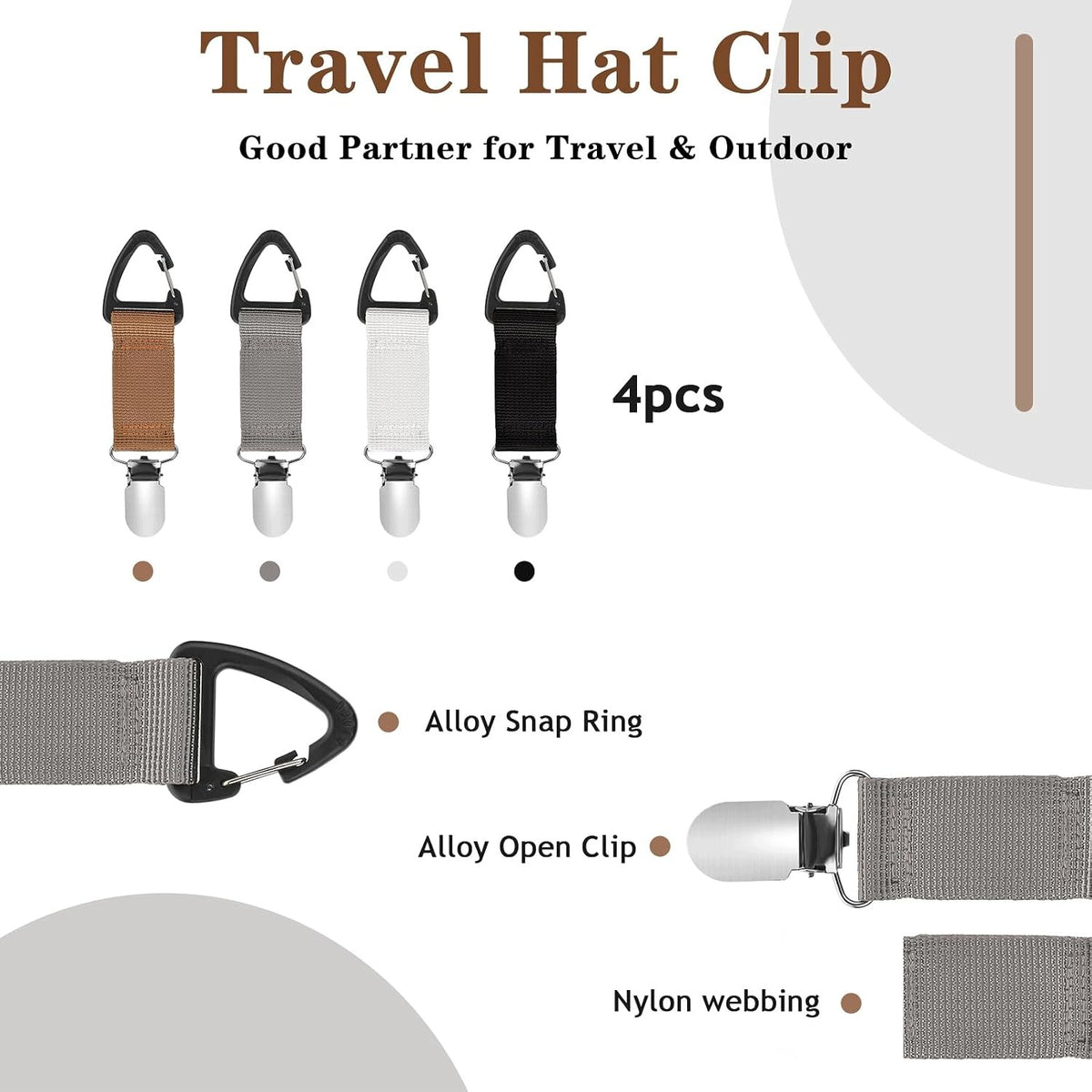 TRAVEL HAT CLIP FOR BAG CARABINER HANDLE ELASTIC 4 PCS Color black
