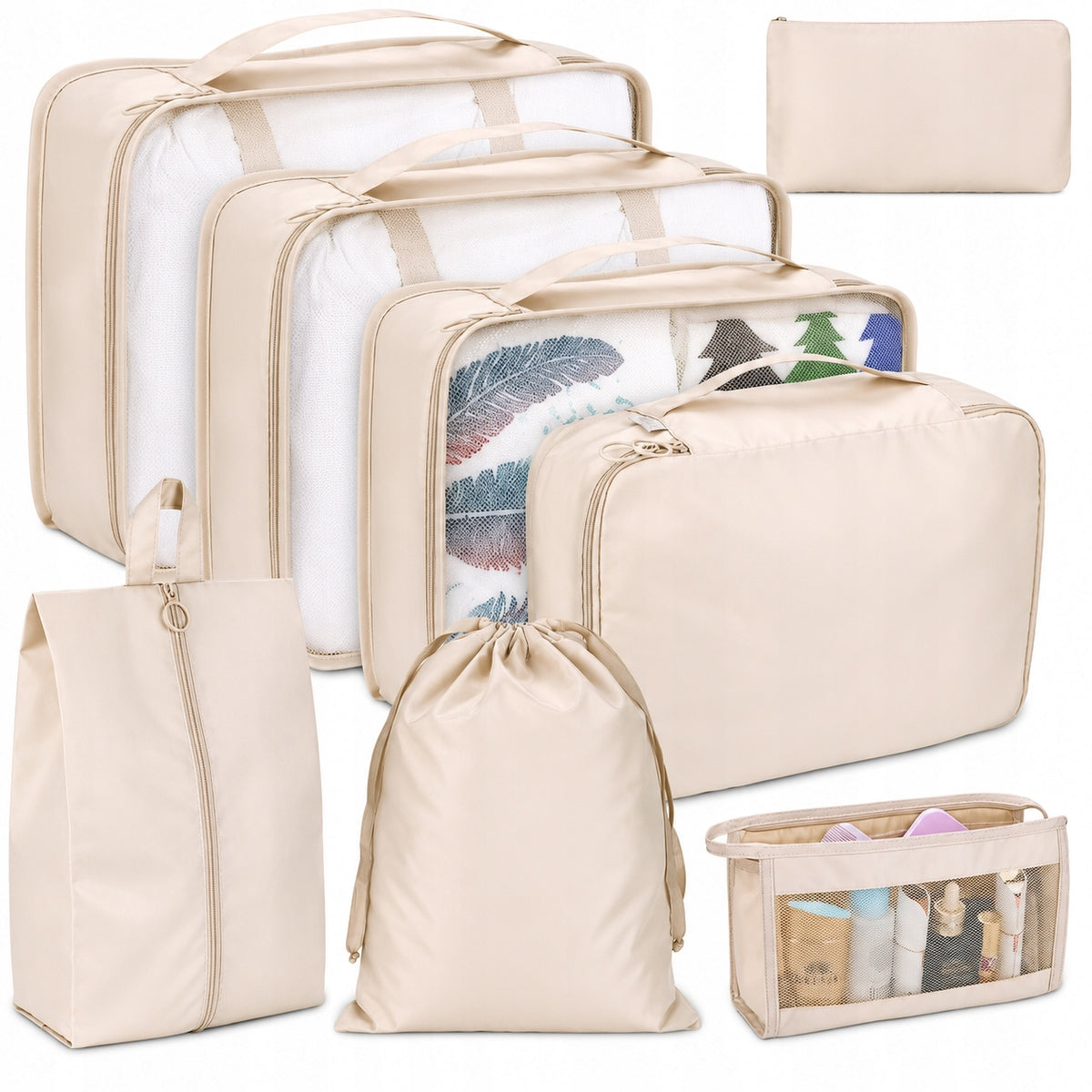 TRAVEL ORGANIZER APTEL SET 8PCS WATERPROOF BEIGE Color beige