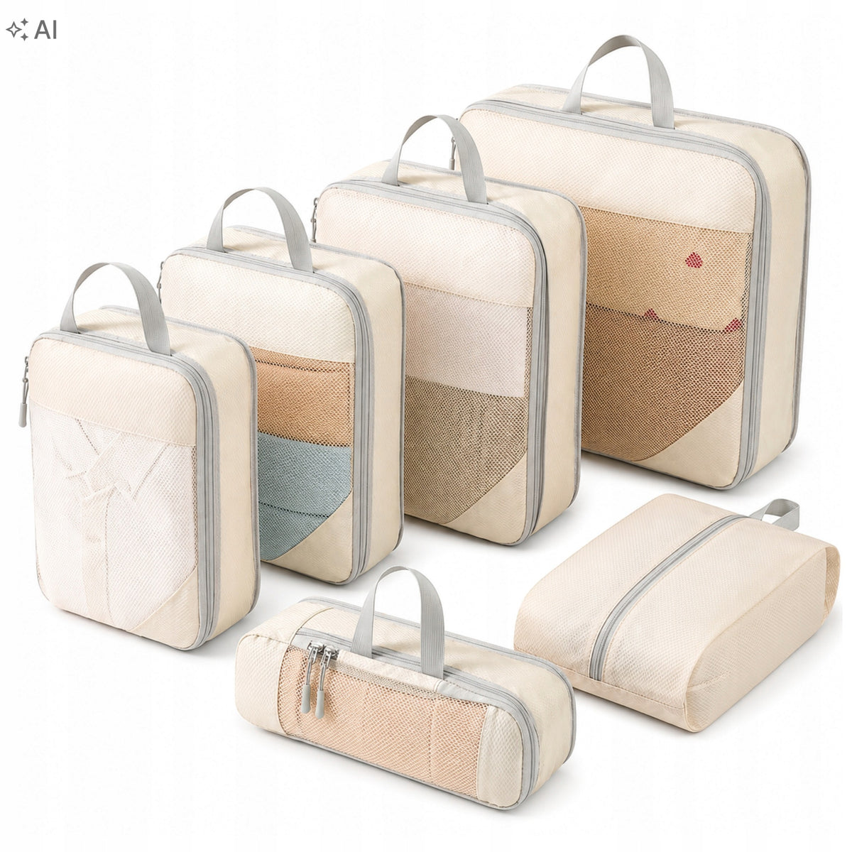 TRAVEL ORGANIZER FOR SUITCASE CLOTHES BEIGE SET OF 6 PCS FOR EASY PACKING