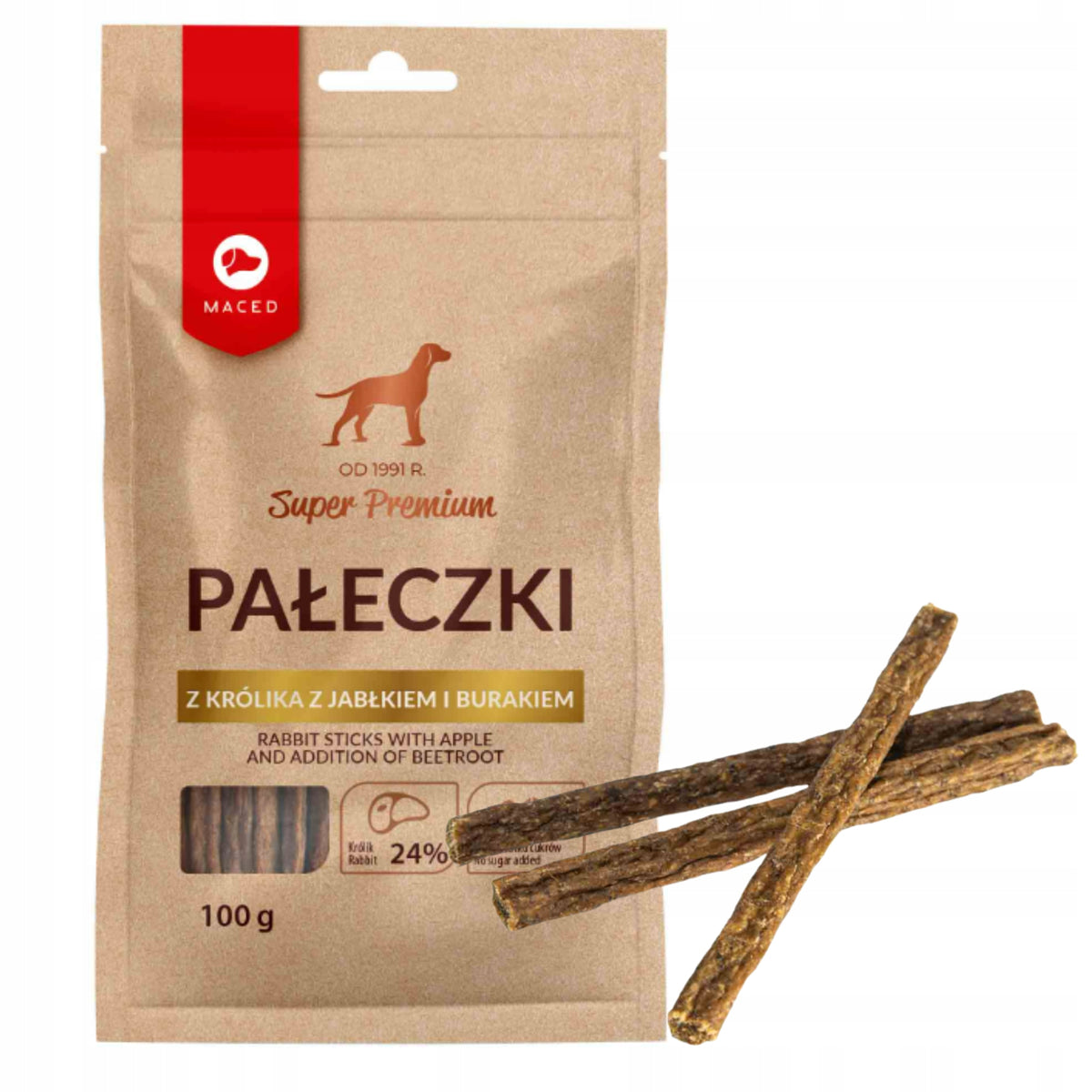 TREAT FOR DOGS - Rabbit sticks with apple and beetroot 100 g MACED