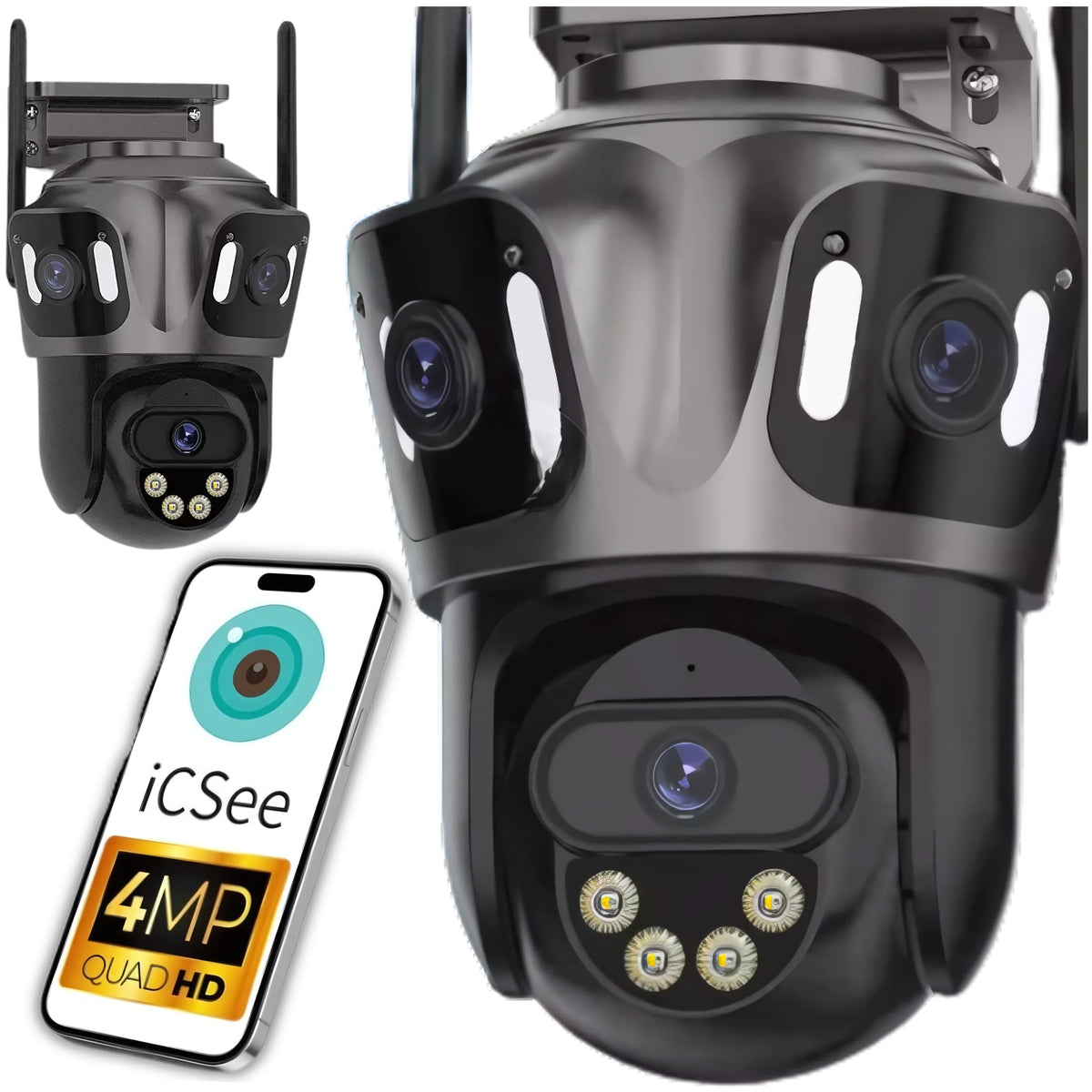 TRIPLE OUTDOOR CAMERA WIFI IP SMART APP ICSEE 4MP x3 HD ROTATING