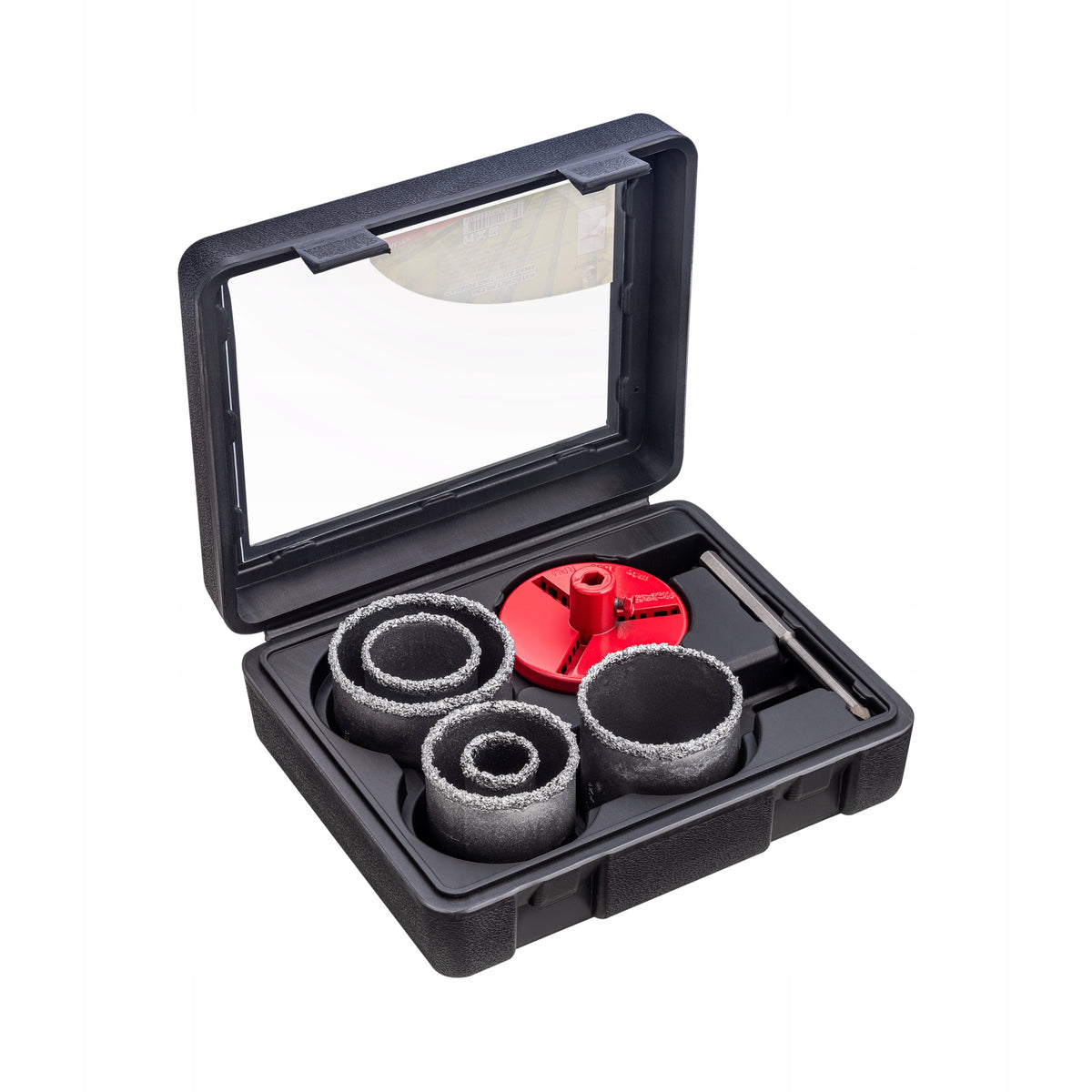 TUNGSTEN CARBIDE HOLE SAWS AND LOCATING PLATE SET 33-83 MM, 6 PCS, ADAPTER Packaging status original