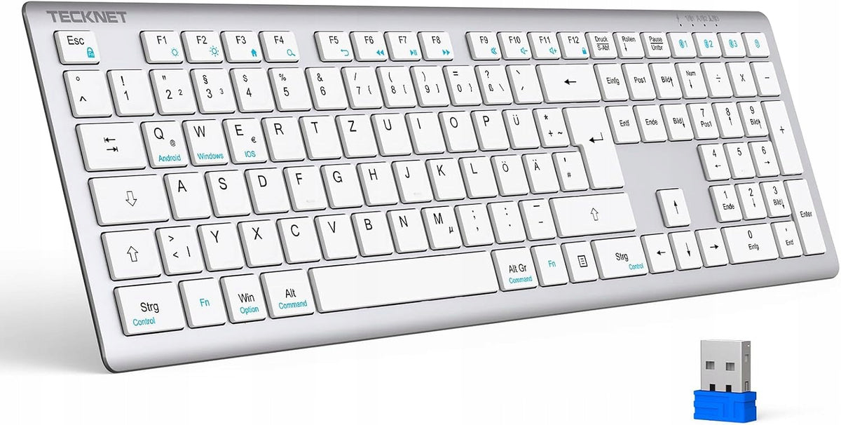 TeckNet Wireless Bluetooth Keyboard, 4 Devices, Quiet, USB QWERTZ