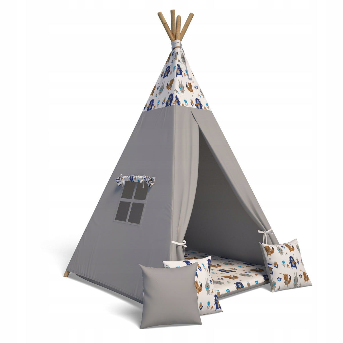 TiPi Wigwam Tent + 3 Pcs Pillow + Mat -Color Grey Friends 6